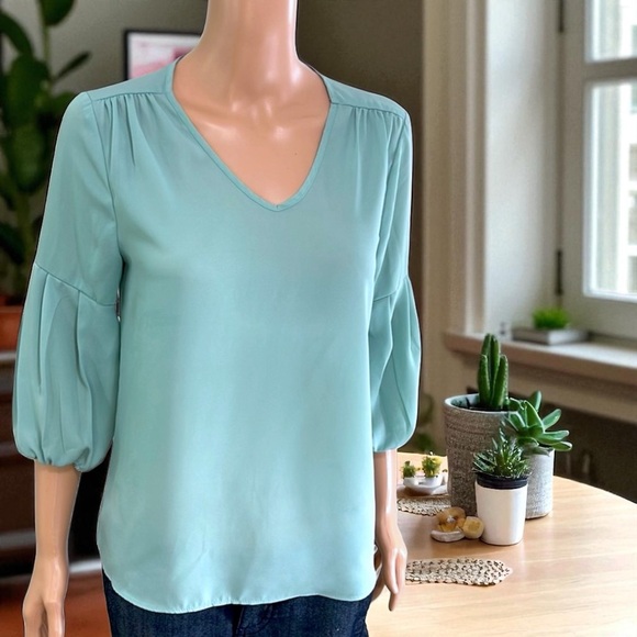 Pink Rose Sage Green V-Neck Balloon 3/4 Sleeves Blouse - Picture 8 of 13